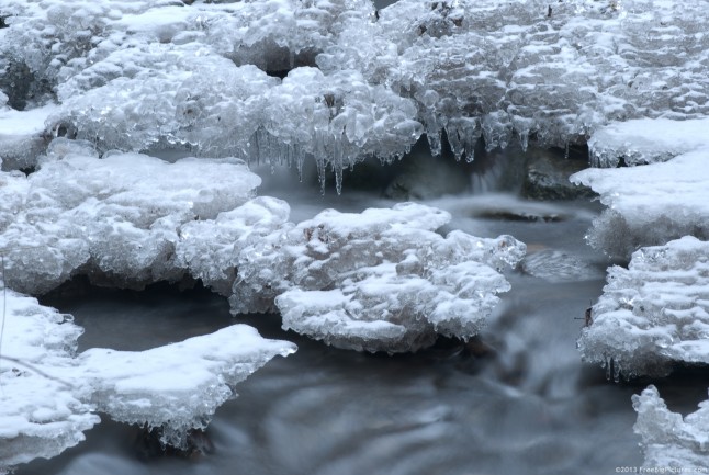 Ice and water on the same time on a small river in winter. The ice is covered with a thin layer of snow. The water is flowing in hurry.